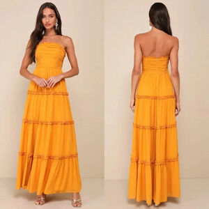 Lulu's Extraordinary Aura Marigold Yellow Ruched Tiered Maxi Dress M Wedding